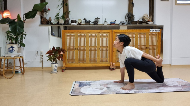 ‘도마뱀 자세’는 하체의 근력을 키우는 데 효과적이다. 앞쪽 다리는 굽혀서 상체 옆에 붙이고 뒤에 있는 다리는 무릎을 바닥에 대거나 쭉 펴서 자세를 유지한다. 한 손은 바닥에 두고 반대쪽 손으로 쭉 뻗은 다리의 발등을 잡아당기며 엉덩이에 붙일 수도 있다. 시연 전서영.
