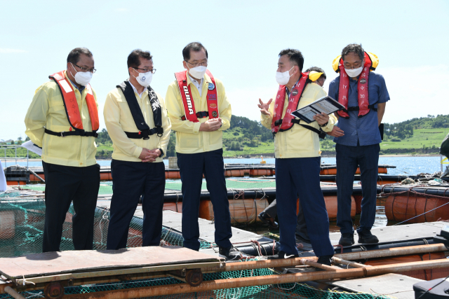 조승환 해양수산부 장관은 5일 ‘고수온 경보’가 발령된 전남 여수시 가막만에 위치한 해상 어류 가두리 양식장을 방문해 양식장의 고수온 대응 현황을 점검했다. 해수부 제공