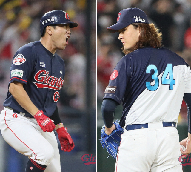 코로나19에 확진된 롯데 자이언츠 전준우(왼쪽)와 김원중. 롯데 자이언츠 제공
