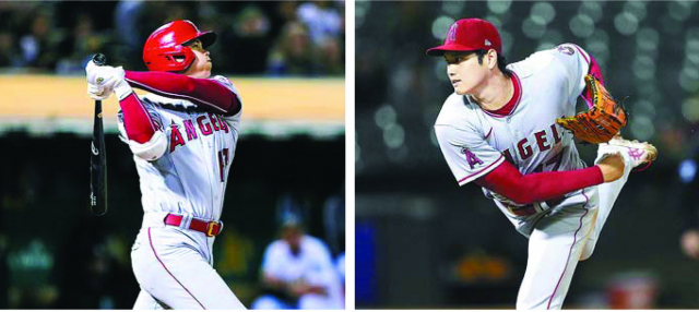 일본 출신 오타니 쇼헤이는 10일 오클랜드와의 경기에서 미국 메이저리그(MLB) 역사상 두 번째로 투수 10승-타자 10홈런 기록을 달성했다. AFP연합뉴스