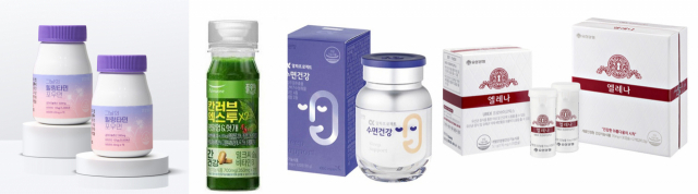 특정 소비자 타깃에 집중한 건강기능식품이 잇달아 출시되고 있다. 건강상점의 ‘그날의 힐링타민 포우먼’, 풀무원녹즙의 ‘칸러브 엑스투’, 정관장의 ‘알파프로젝트 수면건강’, 유한양행의 ‘엘레나’(왼쪽에서부터). 각 사 제공