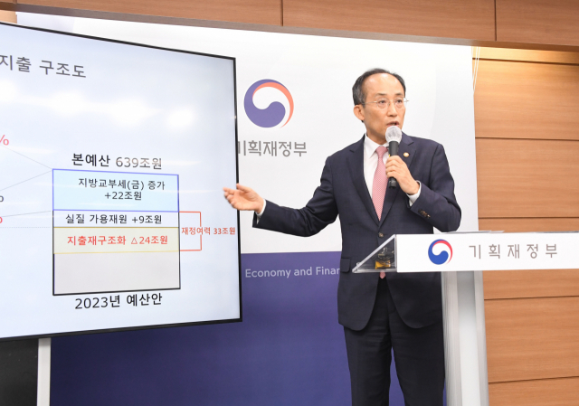 추경호 부총리 겸 기획재정부 장관이 지난 25일 정부세종청사에서 열린 ‘2023년 예산안’ 사전 브리핑에서 정부예산안에 대해 설명하고 있다. 예산안은 30일 국무회의에서 의결됐으며 9월 2일 국회에 제출된다. 기재부 제공