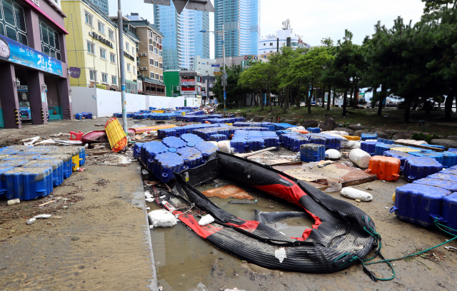 6일 오전 부산 서구 송도해수욕장 해변로가 높은 파도에 떠밀려 온 수상레저시설로 인해 통제되고 있다. 정종회 기자 jjh@