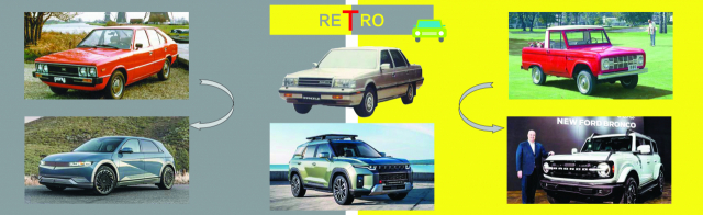 레트로(복고) 바람이 자동차 분야에도 불고 있다. 왼쪽 위는 1980년대 출시된 현대차 ‘포니’와 왼쪽 아래는 그 디자인을 계승한 순수 전기차 ‘아이오닉 5’. 왼쪽 위 두번째는 연말 출시될 7세대 ‘그랜저’의 벤치마킹 모델이 될 1세대 ‘각 그랜저’이며 그 아래는 레트로풍의 정통 SUV(스포츠유틸리티차량) 쌍용차 ‘토레스’. 왼쪽 위 세번째는 1966년 출시된 포드 1세대 ‘브롱코’와 그 아래는 ‘뉴 포드 브롱코’. 각 사 제공