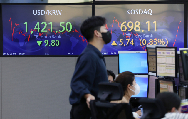 27일 서울 중구 하나은행 본점 딜링룸. 원-달러 환율이 이날 1420원 대 초반에서 마감했다. 연합뉴스
