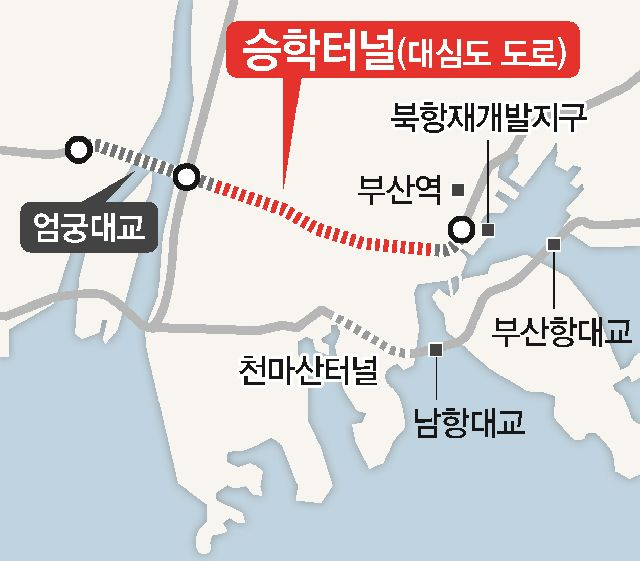 부산 승학터널 (대심도 도로) 지도 . 부산일보DB