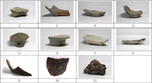올 8월 부산 수영구 수영동 한 근린생활시설 신축 공사현장에서 출토된 조선시대 유물 11점. 1~3, 5~7번은 자기 받침 조각이고 4, 8번은 자기 접시 조각, 9번은 옹기 조각, 10번은 전돌 조각, 11번은 제철 관련 부산물인 슬래그다. (재)동양문물연구원 제공