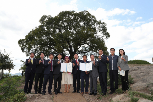 창원시가 12일 오후 의창구 대산면 북부리에서 ‘창원 북부리 팽나무 천연기념물 지정’을 위한 행사를 갖고 있다. 창원시 제공