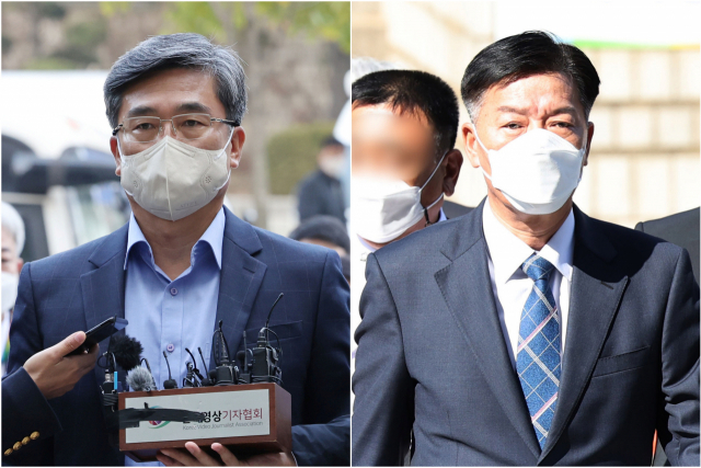 서해 공무원 피격 사건과 불법 대선 자금 관련자들이 구속되면서 수사가 속도롤 내고 있다. 사진은 서해 공무원 피격 은폐 의혹을 받고 있는 서욱 전 국방부 장관(왼쪽)과 김홍희 전 해양경찰청장이 21일 영장실질심사를 받기 위해 서초동 서울중앙지법으로 들어서는 장면. 연합뉴스