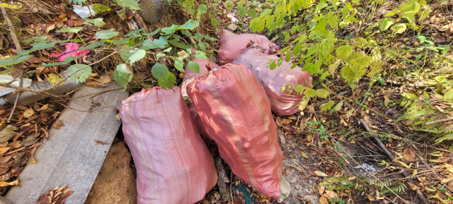 상수원 보호구역인 진주 진양호 주변에 불법투기된 쓰레기. 김현우 기자