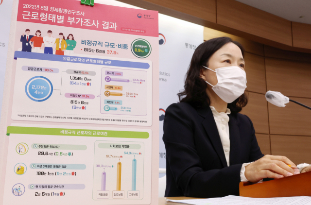 김경희 통계청 고용통계과장이 25일 오전 세종시 정부세종청사에서 2022년 8월 근로형태별 부가조사 결과를 발표하고 있다. 연합뉴스