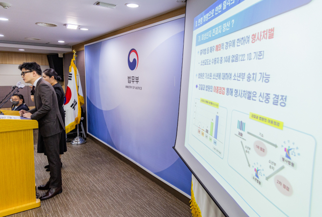 한동훈 법무부 장관이 26일 오후 경기도 정부과천청사 내 법무부에서 소년범죄 종합대책을 발표하고 있다. 연합뉴스