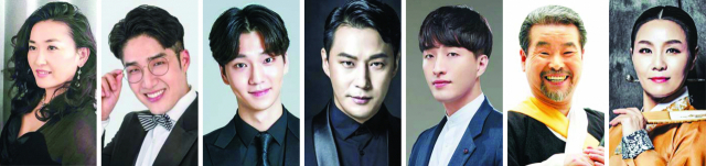 오는 11일 ‘UN 평화콘서트’ 출연진들. 왼쪽부터 소프라노 황신녕, ‘비바팬텀’ 우정훈, 김동형, 조휘, 김지원, 사물놀이 김덕수, 소리꾼 박성희. 부산문화회관 제공