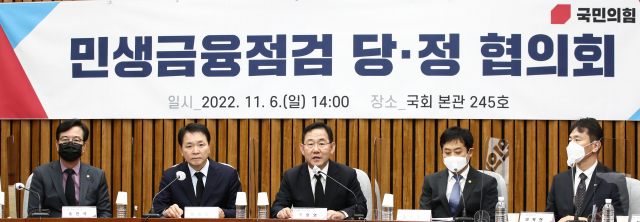 국민의힘 주호영 원내대표가 6일 국회에서 열린 ‘민생금융점검 당-정협의회’에서 모두발언 하고 있다. 김종호 기자