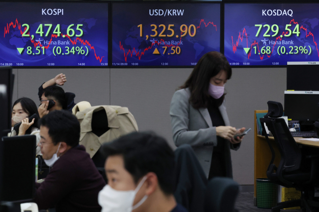 14일 명동 하나은행 본점 딜링룸 전광판에 코스피 종가 등이 표시돼 있다. 이날 코스피는 전 거래일보다 8.51포인트(0.34%) 내린 2,474.65에 장을 마쳤다. 코스닥지수는 전장보다 1.68포인트(0.23%) 내린 729.54에 마쳤다. 원·달러 환율은 7.5원 오른 1,325.9원에 마감했다. 연합뉴스