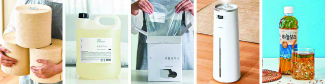 고물가 시대를 맞아 유통업계가 넉넉하게 사용할 수 있는 대용량 제품을 잇달아 선보이고 있다. 왼쪽부터 생활공작소의 ‘대나무 키친타올 점보롤’, ‘주방세제 대용량 4L’, ‘핸드워시 백 인 박스’, 쿠쿠전자의 ‘아이편한 가습기 타워’, 웅진식품의 ‘하늘보리’ 제품. 각 사 제공