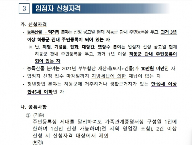 17일 자 화개장터 입점자 모집 공고. 신청 자격이 하동 지역민으로 제한돼 있다. 공고 캡처