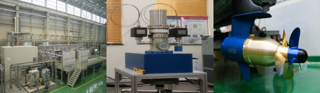 (왼쪽부터)한국전기연구원(KERI) 전기선박 육상시험소, 고출력 전자파 기반 비살상 대인 무력화 시스템의 핵심 장비인 자이로트론, 비접촉 마그네틱 기어 기반 상반회전 프로펠러. KERI 제공