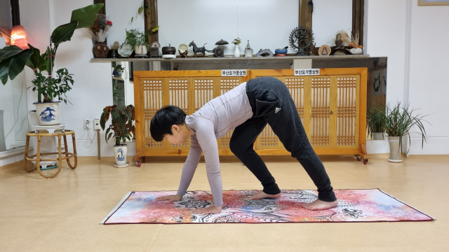 ‘코끼리 걸음 걷기’ 자세는 양손을 바닥에 짚은 채 팔꿈치와 무릎을 펴고 엉덩이를 들고 앞으로 뒤로 좌우로 이동하며 걷는 것을 말한다. 속근, 지근을 골고루 단련시키는 네 발로 걷는 종합 운동법이다. 시연 한수민.