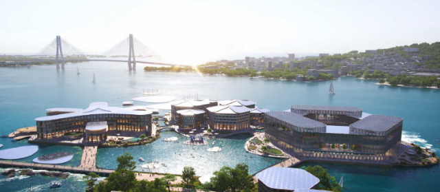 2028년 부산 북항 앞바다에 세워질 해상도시 개념도. 5층 높이의 3개 모듈은 각각 주거 단지, 상업 시설, 연구 시설 등으로 만들어진다. 부산시 제공