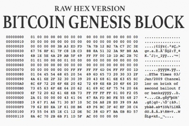 헥사코드 버전의 비트코인 제네시스(Genesis Block). 비트코인닷컴 제공
