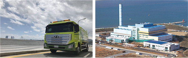 도로먼지흡입차 푸릉이(왼쪽)와 명지자원에너지센터(생활폐기물 소각시설)