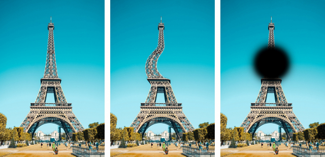 정상인이 본 에펠탑(왼쪽)과 황반변성으로 인해 휘어져 보이거나 중심이 검게 보이는 에펠탑 모습. 부산성모안과병원 제공