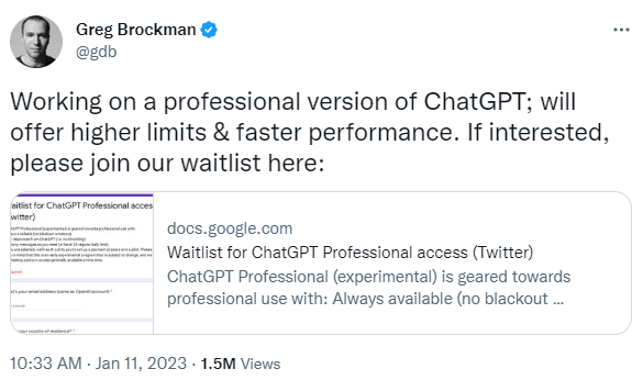 그렉 브록만이 챗GPT 프로페셔널 버전 대기자를 모집하는 트윗. 트위터 제공