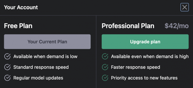 챗GPT 무료/프로페셔널 플랜 가격 및 혜택 비교 표. 오픈AI 제공
