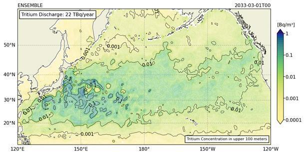 한국해양과학기술원(KIOST)-한국원자력연구원 공동 ‘후쿠시마 원전 오염수 방류에 따른 삼중수소 확산 시뮬레이션’ 결과(10년 후 방류 삼중수소 분포). KIOST 제공
