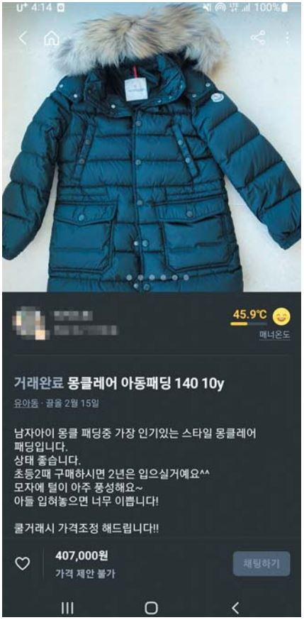 중고거래앱 당근에 올라온 명품 패딩. 캡처 사진