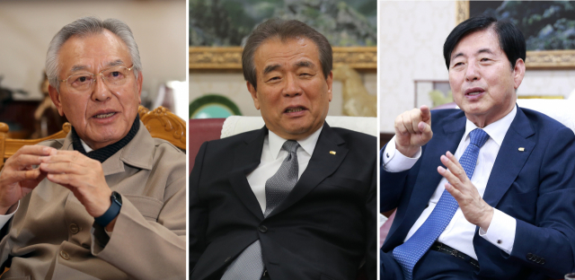 ‘신공항 전도사’를 자처하며 가덕신공항 추진에 앞장선 신정택(왼쪽부터)·조성제·허용도 전 부산상의 회장. 부산일보DB