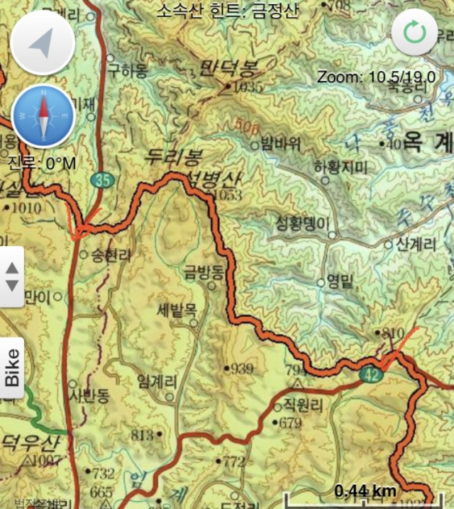 42번 국도(지도 우측 하단) 체크 지점(백봉령)에서 시작해 왼쪽 상단 35번 국도 체크 지점(삽당령)에 도착했다.