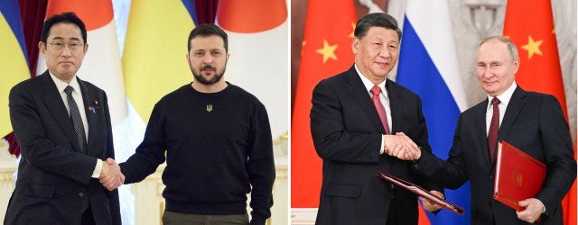 21일(현지시간) 우크라이나 수도 키이우에서 악수를 하는 기시다 후미오 일본 총리와 볼로디미르 젤렌스키 우크라이나 대통령(왼쪽). 같은 날 러시아 모스크바 크렘린궁에서 시진핑 중국 국가주석과 블라디미르 푸틴 러시아 대통령이 악수하고 있다. 로이터·신화연합뉴스