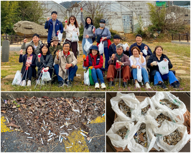 통영시지속가능발전교육재단 9기 시민교육위원회에서는 지난 22일 지역의 변화를 이끌 공동프로젝트 ‘무해한 길 걷기’를 시작했다. 위원들이 2시간 동안 함께 걸으며 수거한 담배꽁초들. 통영RCE 제공