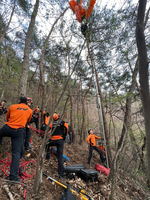 26일 오후 2시 43분 경남 밀양시 삼랑진읍 청학리 한 야산에서 패러글라이더를 타다가 소나무 위로 불시착한 A(28) 씨가 소방당국에 의해 무사 구조되고 있다. 경남소방본부 제공