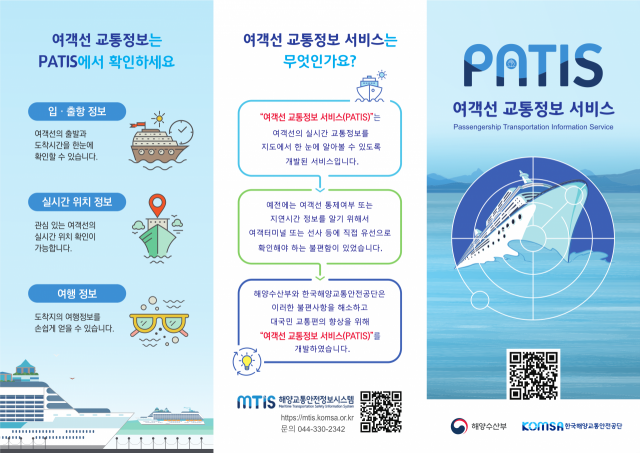 ‘해양교통안전정보시스템(MTIS)‘에서 제공하는 ’여객선 교통정보 서비스(PATIS)’ 소개 리플릿. KOMSA 제공
