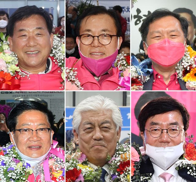 사진은 제21대 총선 울산 승자들. 왼쪽 위부터 시계 방향으로 미래통합당 박성민(중구), 미래통합당 이채익(남구갑), 미래통합당 김기현(남구을), 미래통합당 서범수(울주), 더불어민주당 이상헌(북구), 미래통합당 권명호(동구). 연합뉴스