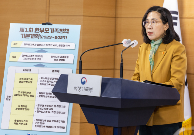김현숙 여성가족부 장관이 10일 오전 서울 종로구 정부서울청사 기자회견장에서 제1차 한 부모 가족정책 기본계획을 발표하고 있다. 연합뉴스