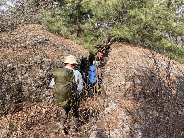 미타산에서 송림재로 가는 길에는 제법 바위가 보인다. 운석의 폭발 충격을 극복했던가.