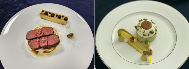 국제박람회기구(BIE) 실사단에게 제공된 기장 철마 한우 등을 이용한 스테이크(왼쪽)와 디저트. 시그니엘 부산 제공