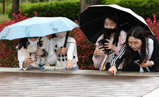 16일 오후 부산시민공원에서 갑작스레 우박이 쏟아지자 아이들이 처음보는 우박을 신기한듯 살펴보고 있다. 김종진 기자 kjj1761@