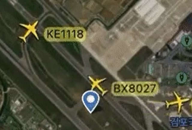 항로 추적 사이트 플라이트레이더24에 기록된 항적. KE1118이 착륙한 대한항공 여객기며 BX8027이 이륙 중인 에어부산 항공기다. 인터넷 커뮤니티 사이트 캡처