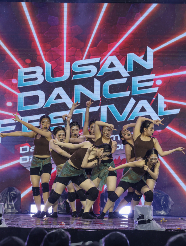 '부산 댄스 페스티벌' 댄스 퍼포먼스 챕피언십 결선이 열린 29일 부산 부산진구 놀이마루에서 어라우징 팀이 공연을 하고 있다. 김종진 기자 kjj1761@