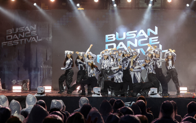 '부산 댄스 페스티벌' 댄스 퍼포먼스 챕피언십 결선이 열린 29일 부산 부산진구 놀이마루에서 더에스엠제이 팀이 공연을 하고 있다. 김종진 기자 kjj1761@