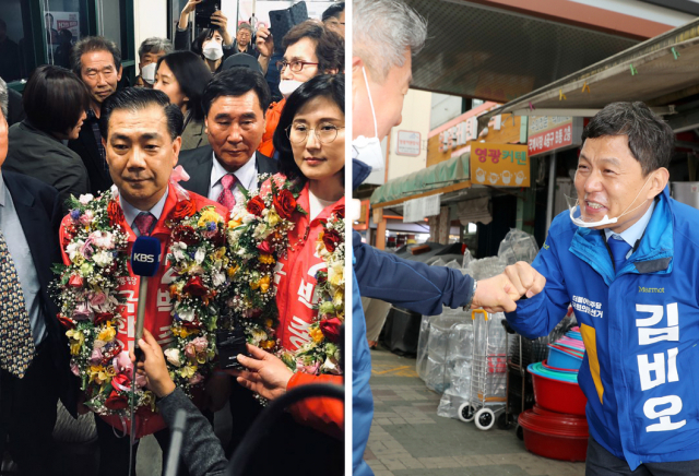 2020년 4월 15일 20대 총선에서 당선돼 방송 인터뷰를 하는 백종헌(왼쪽) 의원과 같은 해 4월 13일 부산 중구 국제시장에서 주민들에게 지지를 호소하는 더불어민주당 김비오 전 중영도 지역위원장. 부산일보DB