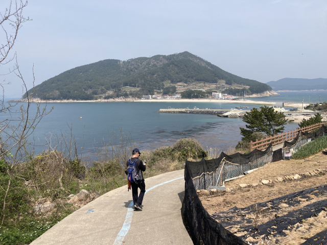 시멘트 포장도로에 그려 놓은 파란색 선은 바다백리길 안내 표시다.