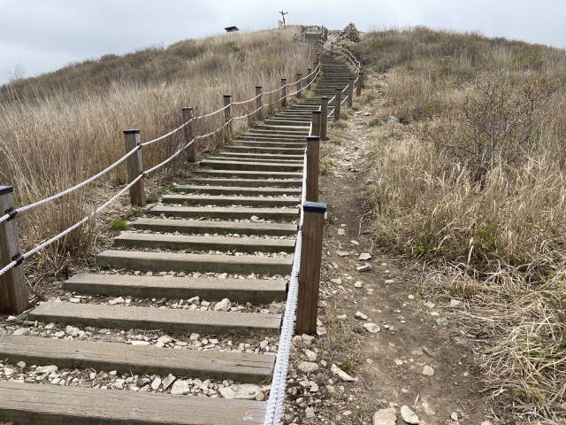 철도 침목처럼 만들어 놓은 등산로. 보폭을 맞추기가 쉽지 않다.