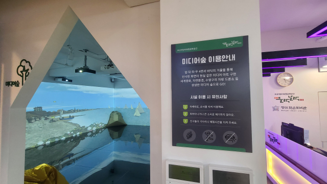 수영구 망미작은도서관 들락날락의 몰입형 미디어 전시관인 미디어숲. 세계 명화와 자연, 드론쇼를 주제로 한 미디어아트가 음악과 어우러져 환상적인 공간으로 변한다.