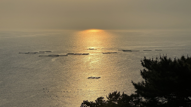 '유동노을전망대'에서 바라본 일몰. 붉은 노을이 바다 위 양식장에 온기를 불어넣는 듯하다.